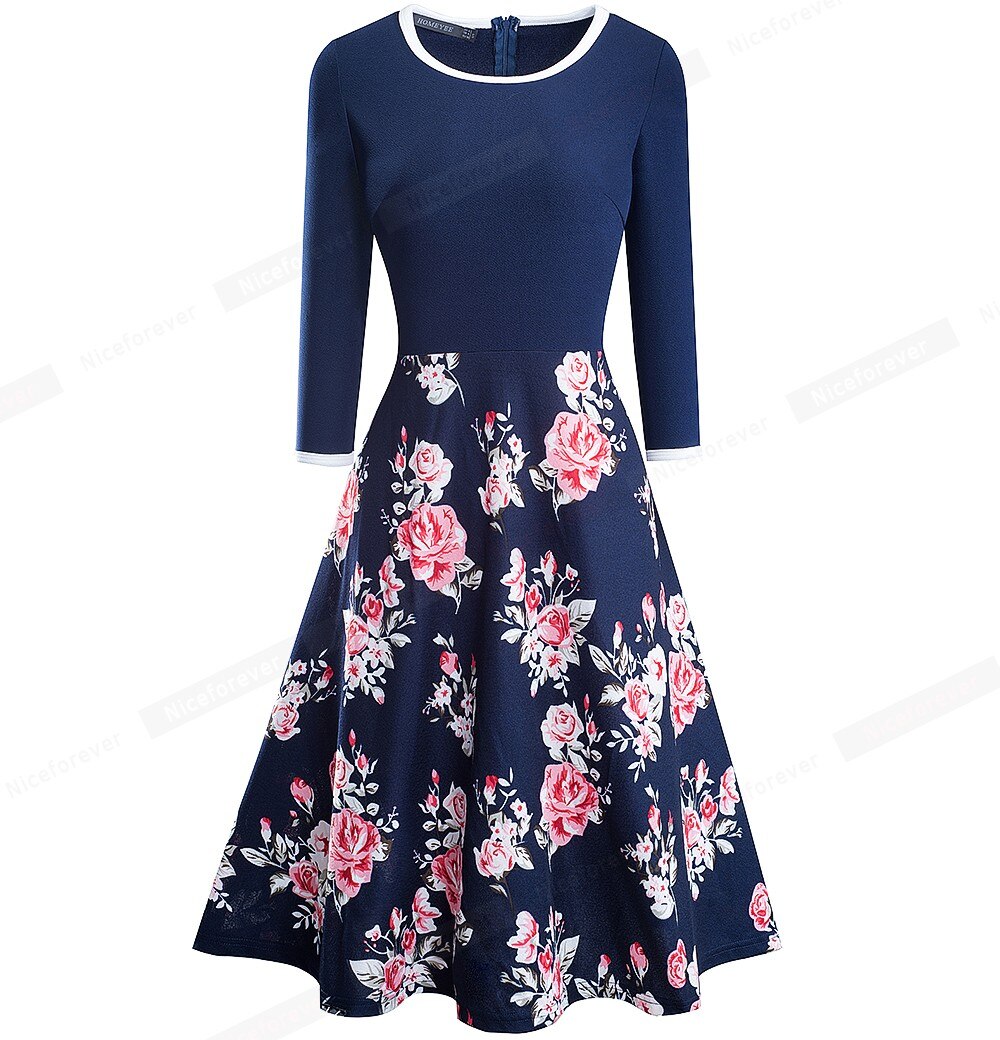 Prodotti Nice-forever 2021 Spring Retro Floral Patchwork Abiti eleganti Casual Flare Swing Women Dress A243