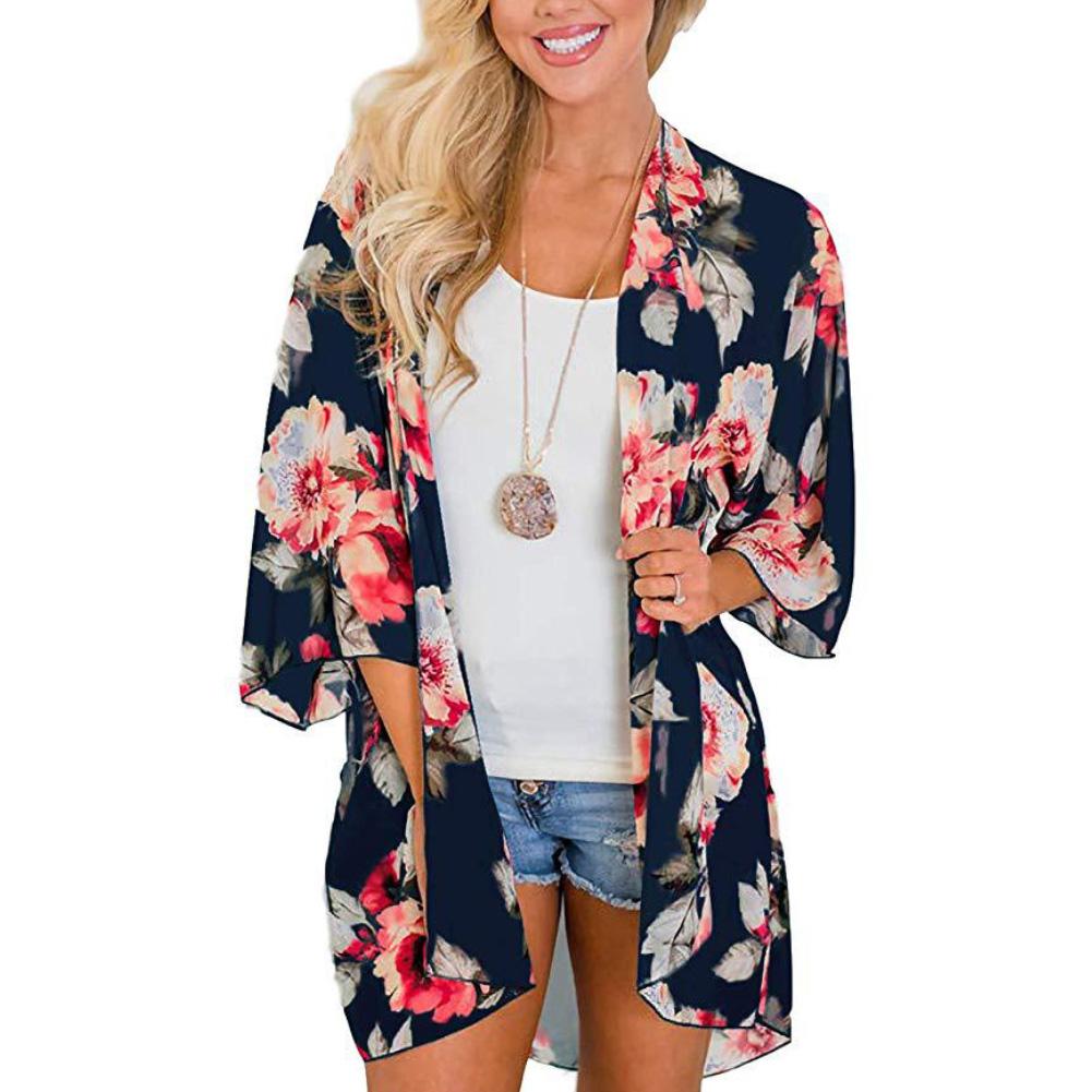 Prodotti Cappotto da donna anti-UV con stampa floreale leopardata a mezza manica con scialle in chiffon Kimono Beach Cardigan Bikini Cover Up Wrap Beachwear