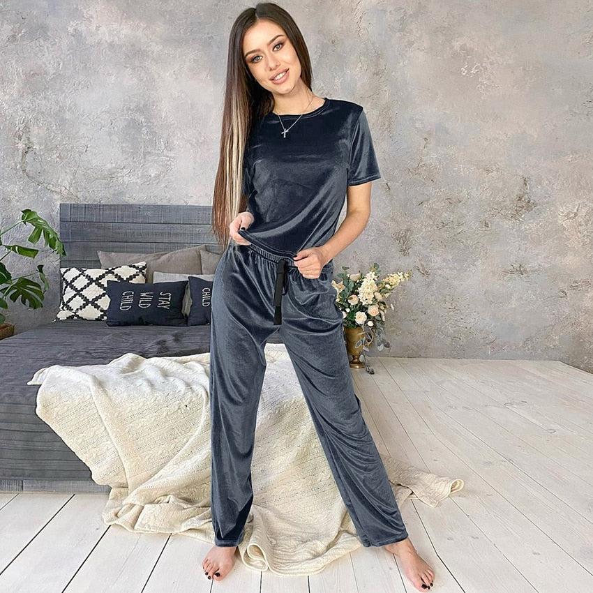 Prodotti HiLoc Blue Velvet Sleepwear Winter Warm Home Suit Set Pigiama femminile Pantaloni larghi Nastro lavorato a maglia Manica corta Set due pezzi Lounge