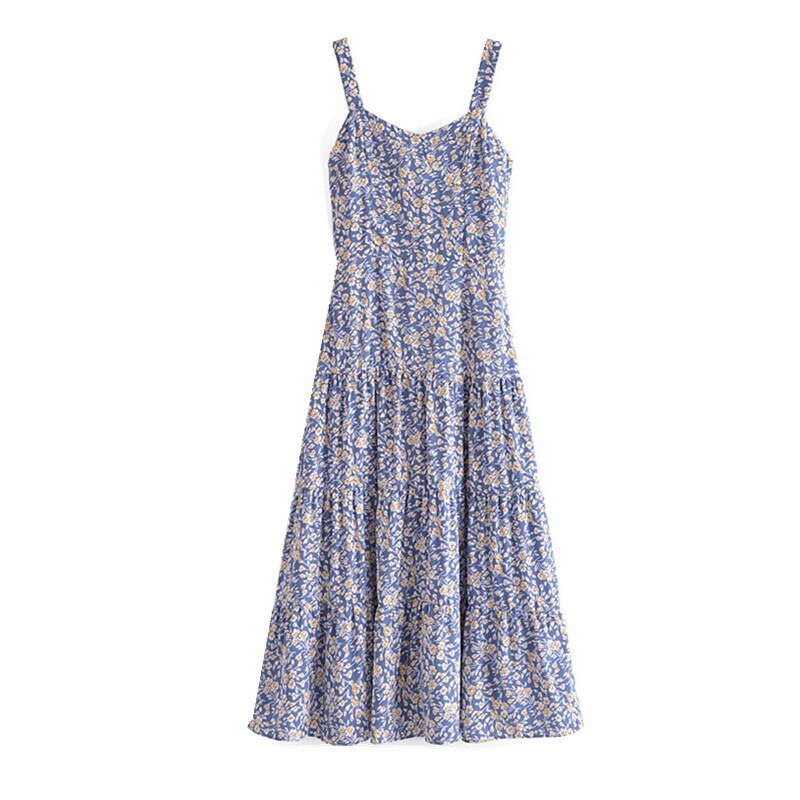 Prodotti 2021 Vintage France Style Blue Floral Print Strap Abito longuette con orlo arricciato Sexy Women Elastic Back Swing Aline Sling Dress Holiday