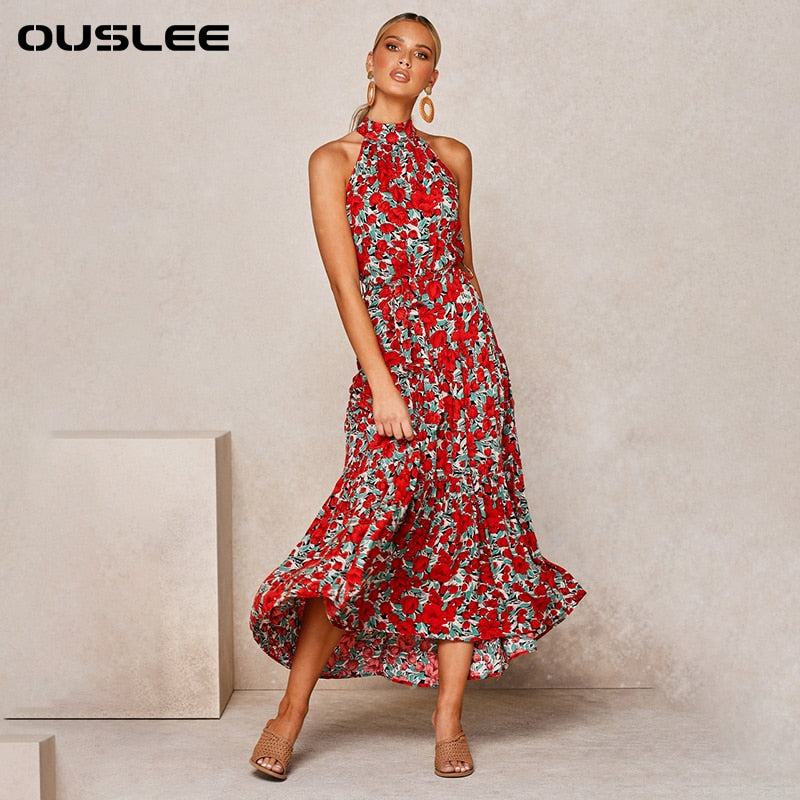 OUSLEE Summer Casual Long Dress Boho Style Halter Polka Dot Abiti Donna Elegante Party Print Maxi Abiti Donna Abiti Mujer