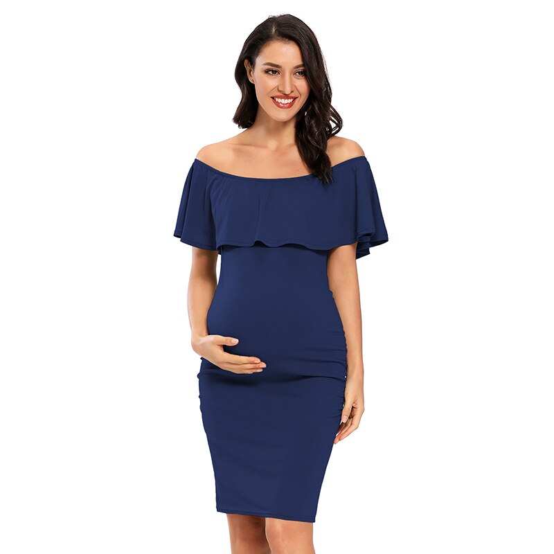 Liu&Qu Abito premaman da donna con spalle scoperte Abito aderente senza maniche con volant Elegante abito aderente con increspature laterali per baby shower