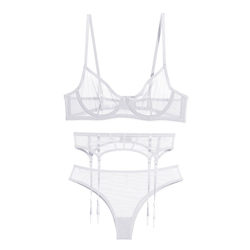 Set di biancheria intima per giarrettiera di moda femminile 3PCS Set di biancheria intima perizoma trasparente a rete perizoma Set di reggiseno sexy da donna in pizzo Bralette bianco