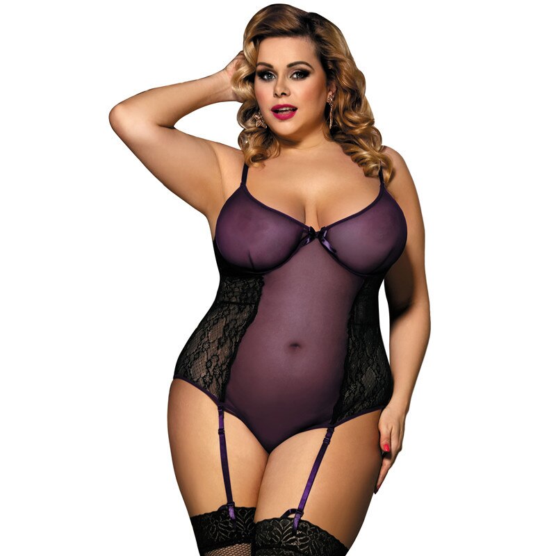 Prodotti Comeonlover Sexy Orsacchiotti di pizzo Lingerie Viola Taglie forti Tuta scava fuori Giarrettiera Teddy 5XL Splice Corpo erotico Femme RI80271