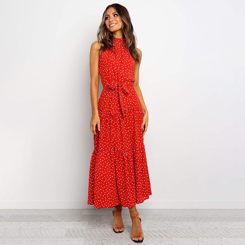 OUSLEE Summer Casual Long Dress Boho Style Halter Polka Dot Abiti Donna Elegante Party Print Maxi Abiti Donna Abiti Mujer