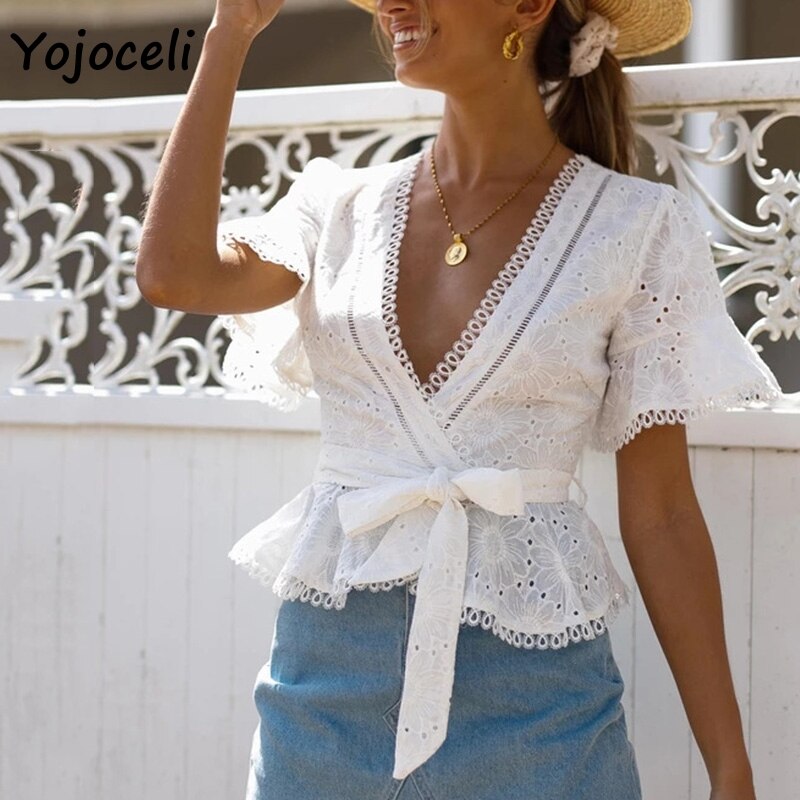 Camicette in pizzo con ricami in cotone Yojoceli camicia da donna bluse con fiocco increspato boho femminile nuove camicette