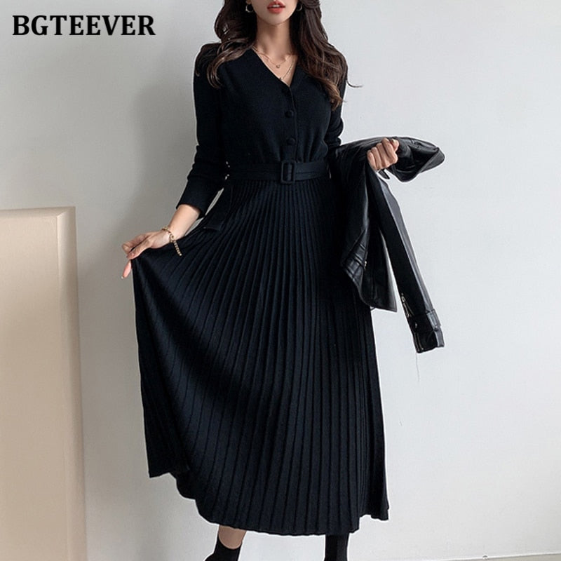 BGTEEVER Elegante scollo a V monopetto da donna addensato maglione vestito 2021 autunno inverno lavorato a maglia con cintura femminile abiti morbidi a-line