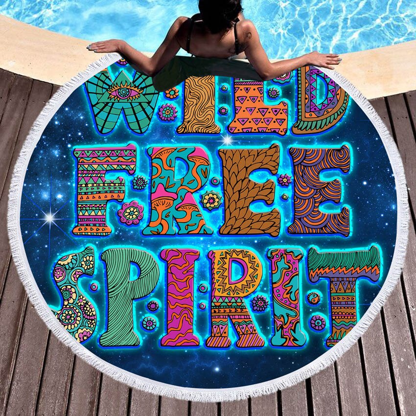 Nero Estate Rotondo Telo Mare WILD FREE SPIRIT Lettere Bagno Doccia Asciugamani Nappe Picnic Tappetino Yoga Tappeto tovagliolo de plage