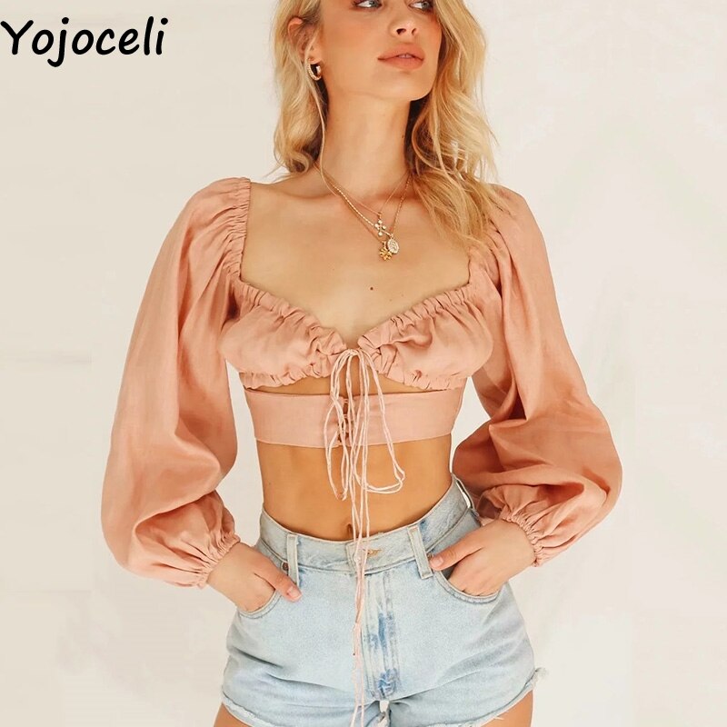 Yojoceli Camicetta corta con maniche a lanterna con lacci da donna Camicetta casual da festa elegante autunnale Carino top corto sexy femminile blusas chic