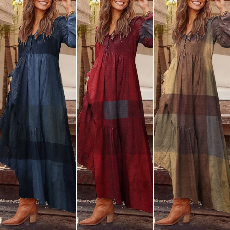 Abito camicia bohemien Maxi vestito estivo da donna ZANZEA 2023 Primavera elegante casual con scollo a V Ruflle Vestido Abito da donna a maniche lunghe