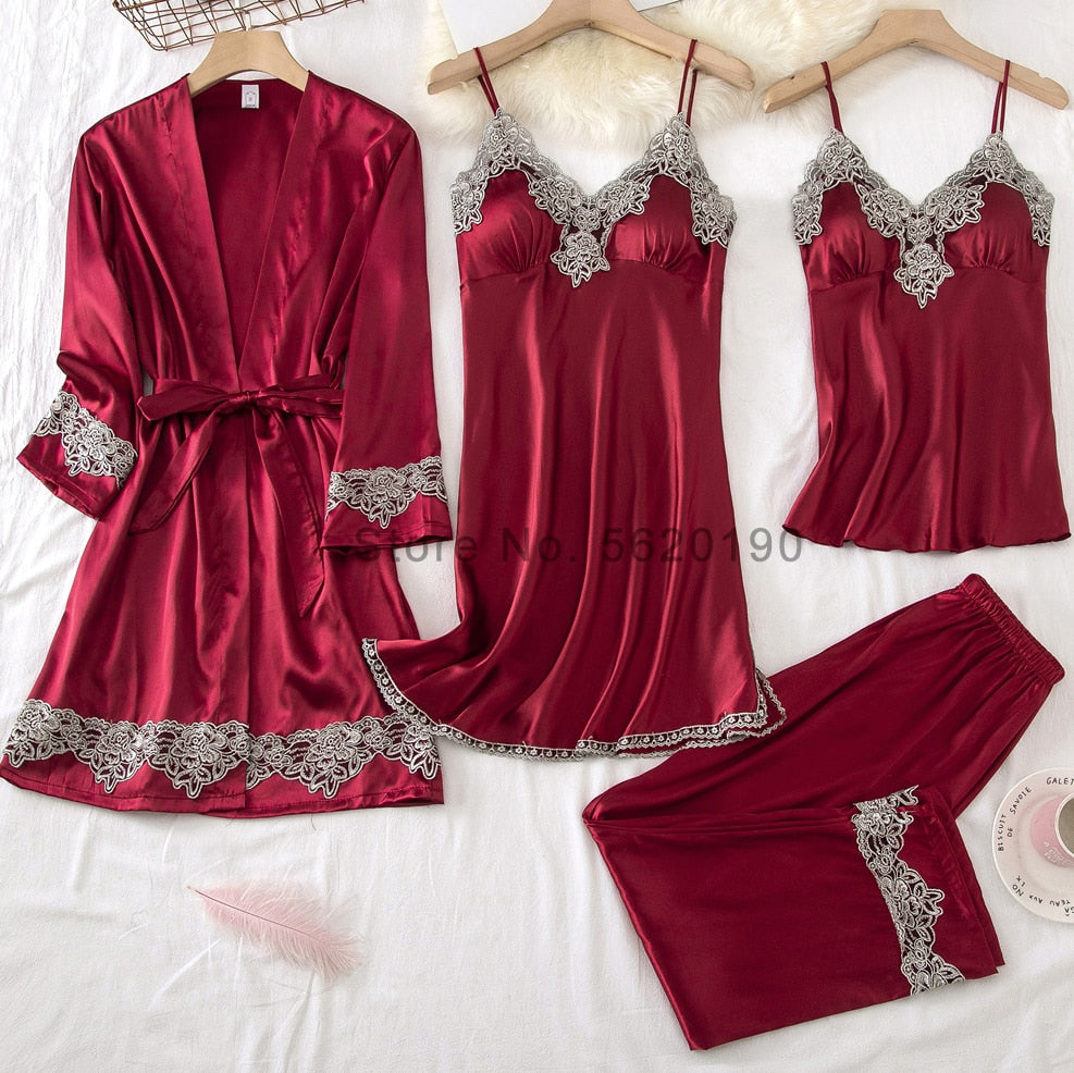 Prodotti 4PCS Satin Sleepwear Lady Pigiama Suit NightyRobe Set Sexy Intimo Lingerie Casual Regalo di nozze da sposa Homewear Camicia da notte