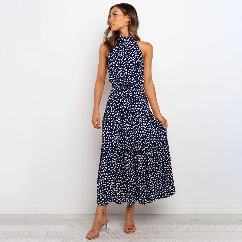 OUSLEE Summer Casual Long Dress Boho Style Halter Polka Dot Abiti Donna Elegante Party Print Maxi Abiti Donna Abiti Mujer