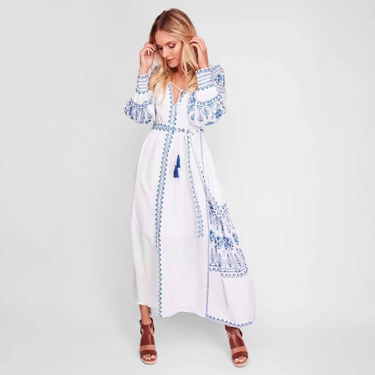 Prodotti Jastie Bahia Maxi Vestito Delle Donne di Estate Autunno Manica Lunga Ricamo Vintage Abito Lungo 2022 Boho Beach Hippie Abiti Allentati Mujer