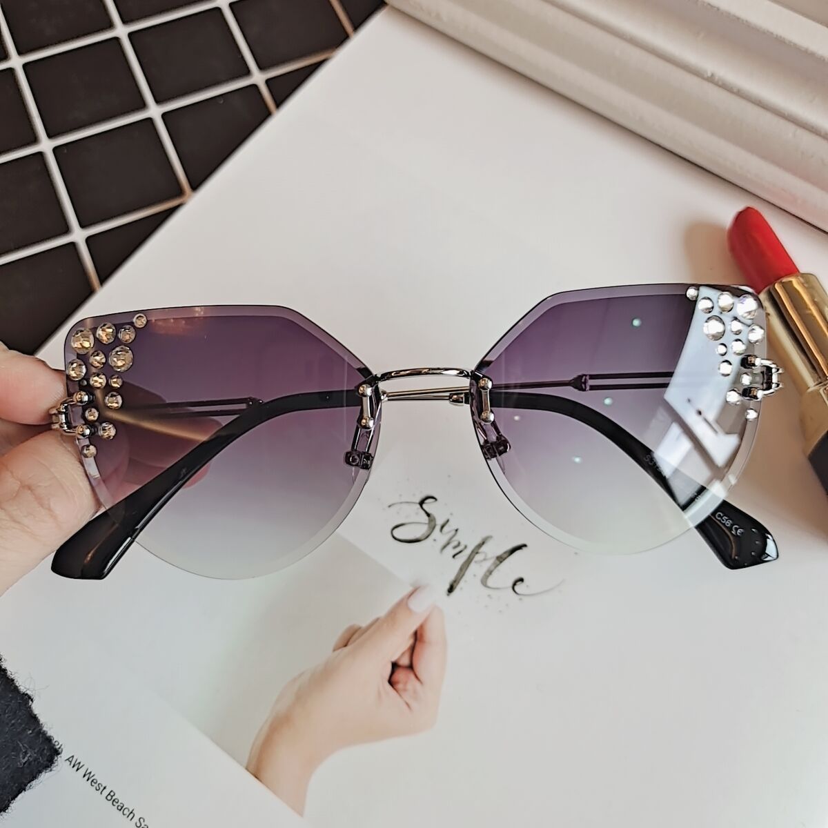 Prodotti MS Cat Eye Occhiali da sole senza montatura Donna Luxury Taglio Occhiali da sole Retro Lady Gradient Occhiali da vista Outdoor Shades UV400 Eyewear