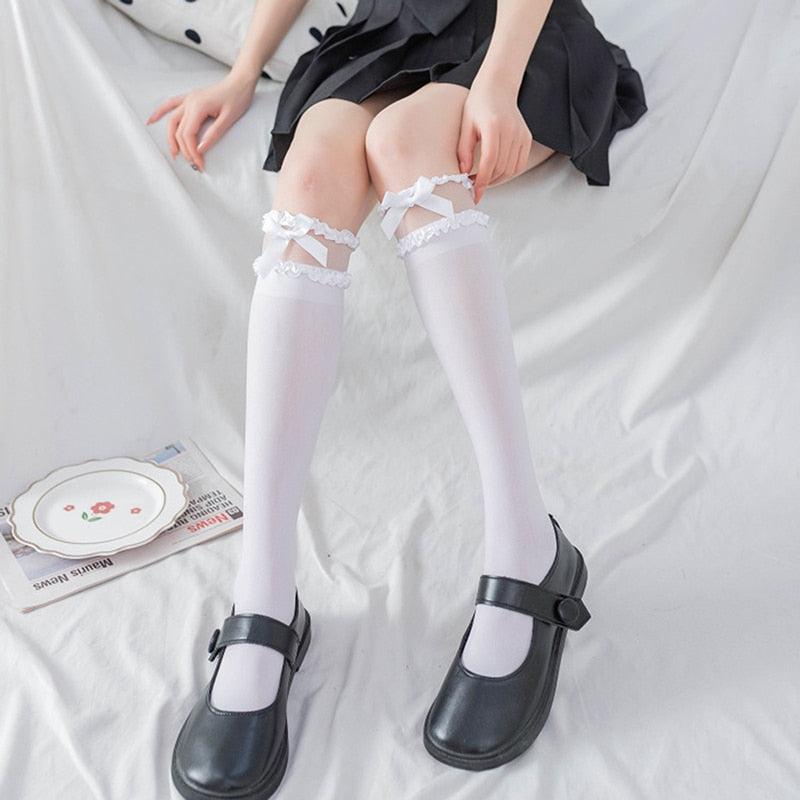 Prodotti Calzini al ginocchio a coscia alta in pizzo bianco e nero Lolita Calze da donna stile college giapponese in pizzo a tubo lungo carino