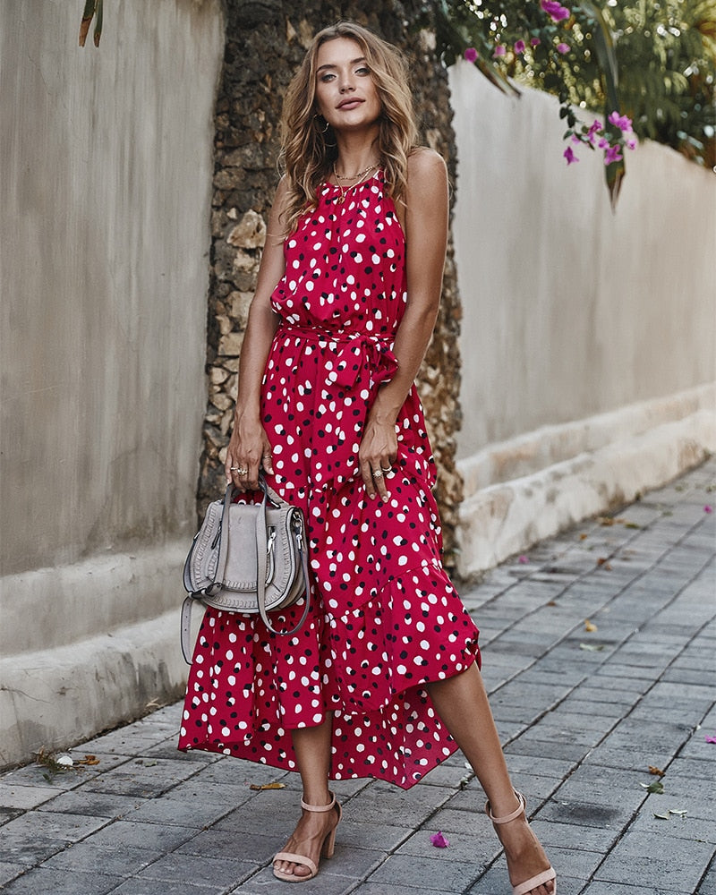 Prodotti Deenor The New WOMEN Summer Polka Dot Sling Holiday Casual Dress Alla moda senza maniche Bohemian alla caviglia