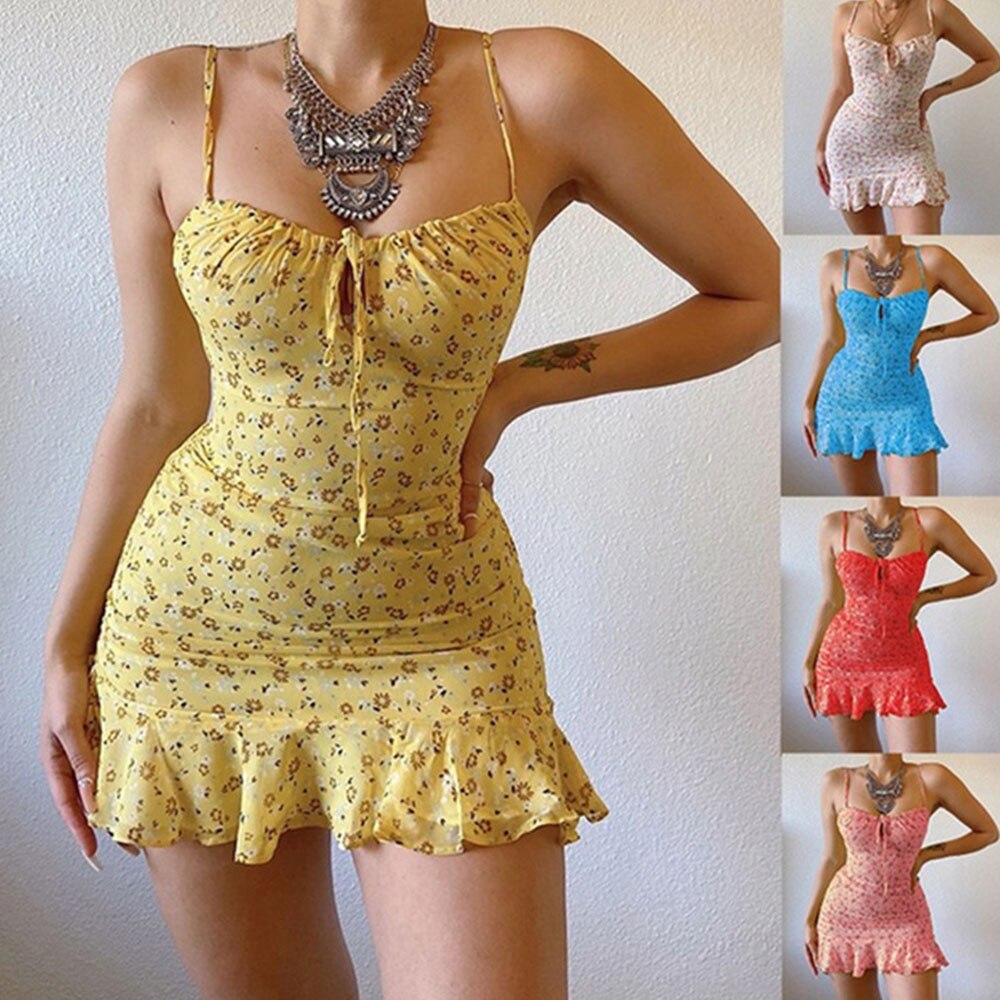 Mini abito estivo Boho con stampa floreale con volant e cinturino sexy con lacci e scollo aderente Abito elegante casual da spiaggia