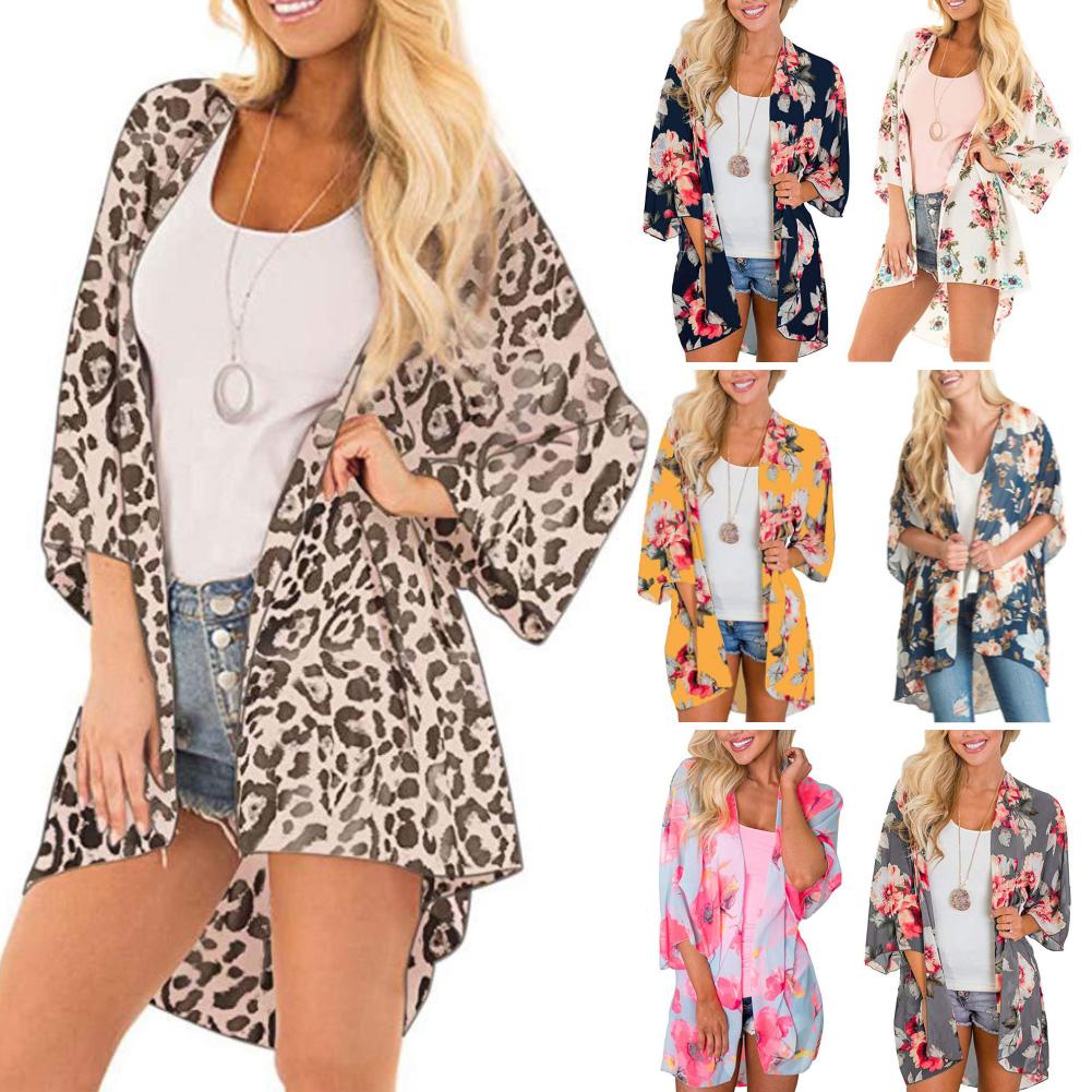 Prodotti Cappotto da donna anti-UV con stampa floreale leopardata a mezza manica con scialle in chiffon Kimono Beach Cardigan Bikini Cover Up Wrap Beachwear