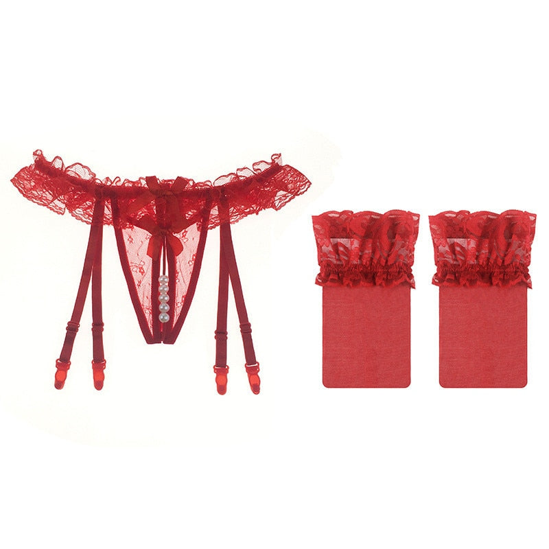 Prodotti Sexy pizzo trasparente giarrettiere con apertura sul cavallo mutandine con massaggio perla per biancheria intima erotica reggicalze per calze