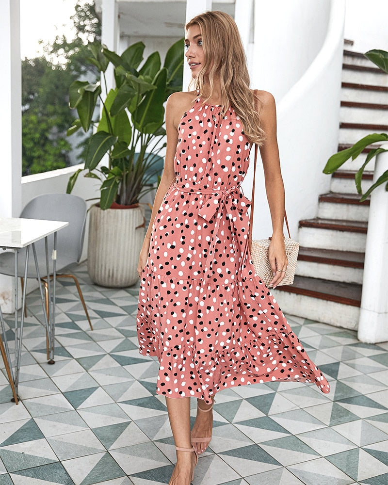 Prodotti Deenor The New WOMEN Summer Polka Dot Sling Holiday Casual Dress Alla moda senza maniche Bohemian alla caviglia