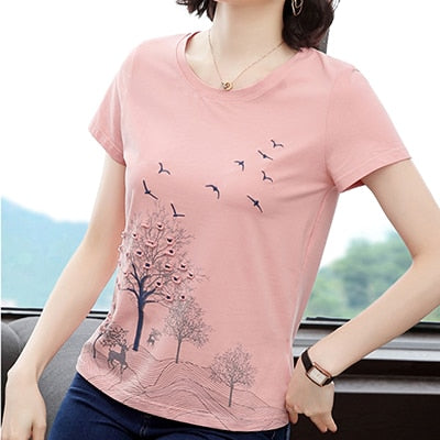 Stampa Ricamo T Shirt Donna 2022 Estate Magliette E Camicette Allentato T-Shirt In Cotone Abbigliamento Casual Maglietta Femminile Manica Corta Tee Shirt Femme