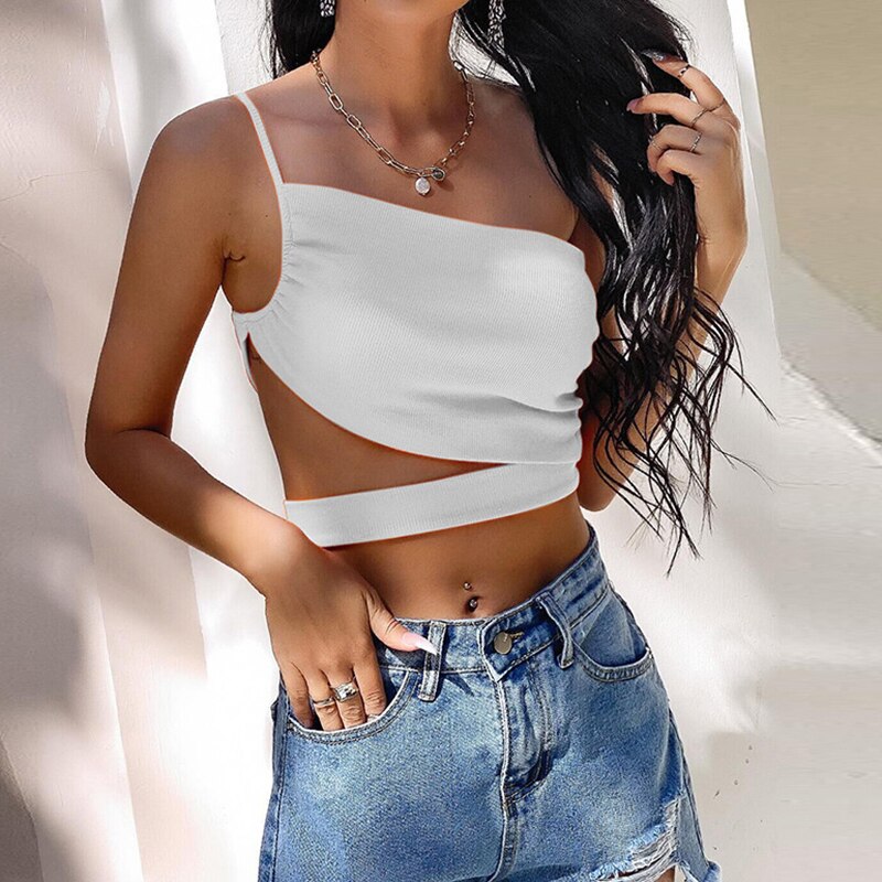 Prodotti Summer New Fashion Asimmetrica Sexy Canotta senza maniche Sling Hollow Out Pullover Slim pieghettato Ladies Chic Street Canotta semplice