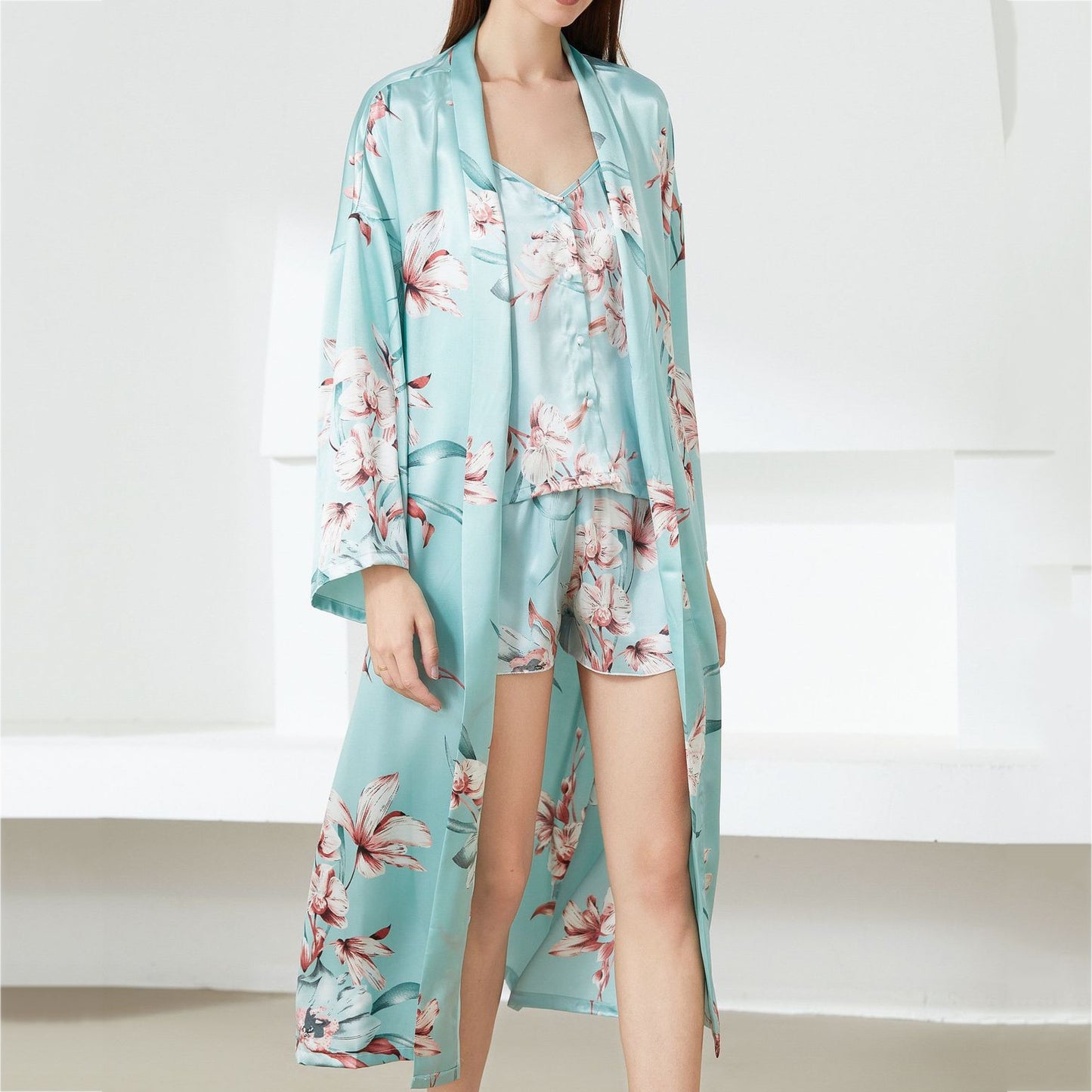 Prodotti Stampa Flower NightyRobe Suit Sleepwear Sexy Kimono in raso Abito da donna Accappatoio Intimo Lingerie Nightwear Camicia da notte di seta