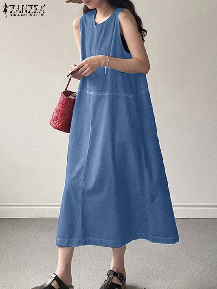 Prodotti ZANZEA Fashion Abito senza maniche in denim Donna Causale Beach Tank Vestito estivo Abito Femme Denim Blue Vestido Holiday Maxi Abiti Kaftan