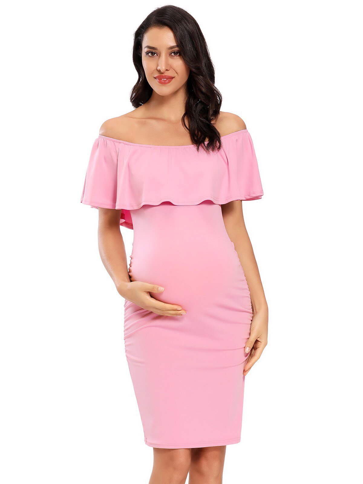 Liu&Qu Abito premaman da donna con spalle scoperte Abito aderente senza maniche con volant Elegante abito aderente con increspature laterali per baby shower