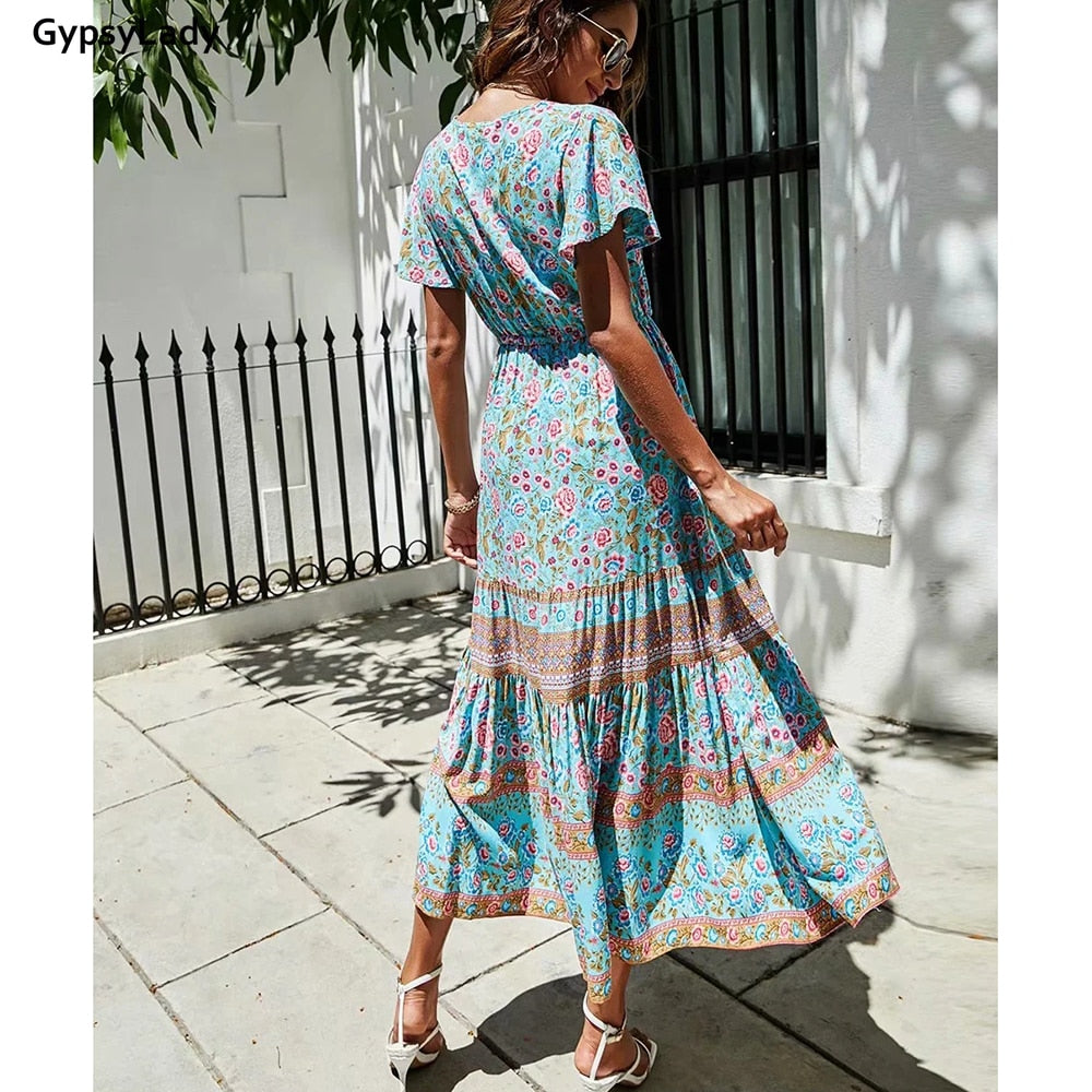 Prodotti GypsyLady Maxi abito stampato floreale Vintage Boho Summer Holiday Women Abiti Casual Chic Tie Lace Up Ladies Beach Abito femminile