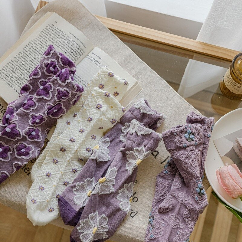 Prodotti 4 paia di calze da donna in cotone viola serie dolce di alta qualità Harajuku Kawaii Lolita ragazza carino grazioso regalo fiore calzini