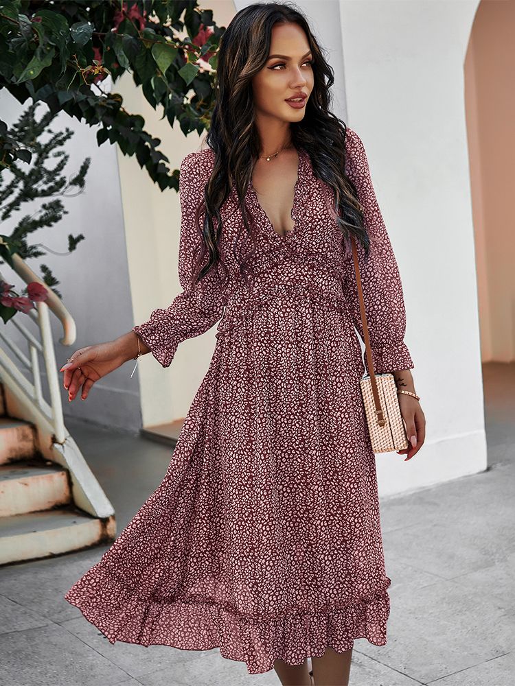 Prodotti Boho Summer Dress Women 2022 Ruffles Print V Neck Chiffon Midi Dress Polso Flare Sleeve Empire Holiday Beach Abiti Donna