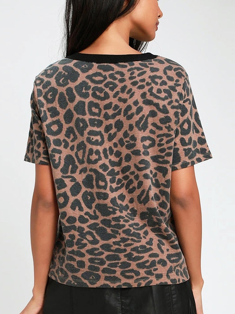 Aachoae Estate Delle Donne Del Leopardo T Shirt O Collo Moda Femminile Maglietta Manica Corta Allentato Casa Delle Signore Tee Magliette E Camicette Mujer Camisetas S-XL