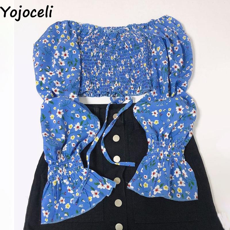 Prodotti Yojoceli Sexy camicetta in chiffon con stampa pieghettata da donna Autunno spiaggia casual short crop top femminile Camicetta elegante con volant