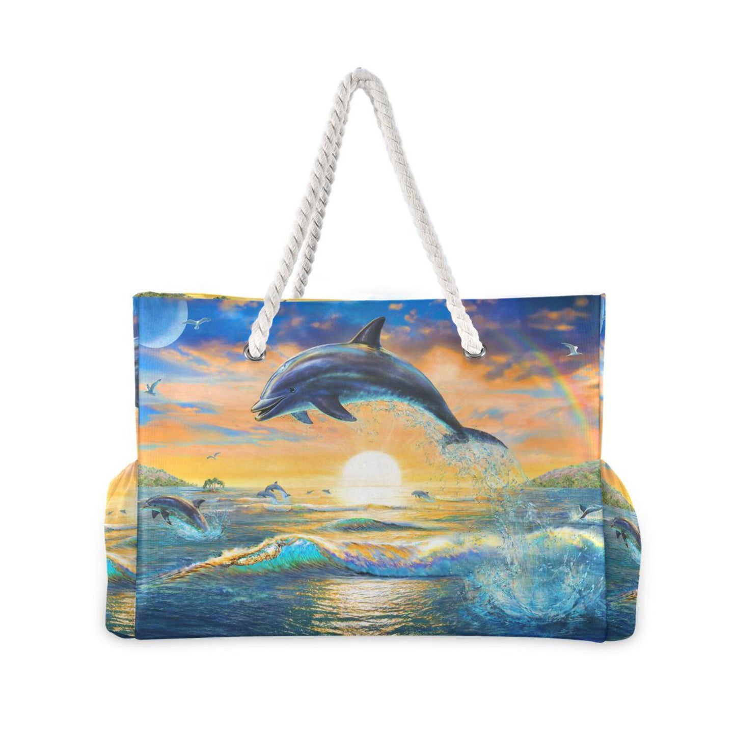 Prodotti Borsa da donna di marca Borse a tracolla Borsa da spiaggia di grande capacità Borsa da donna Delfines saltando al atardecer Borsa della spesa in nylon