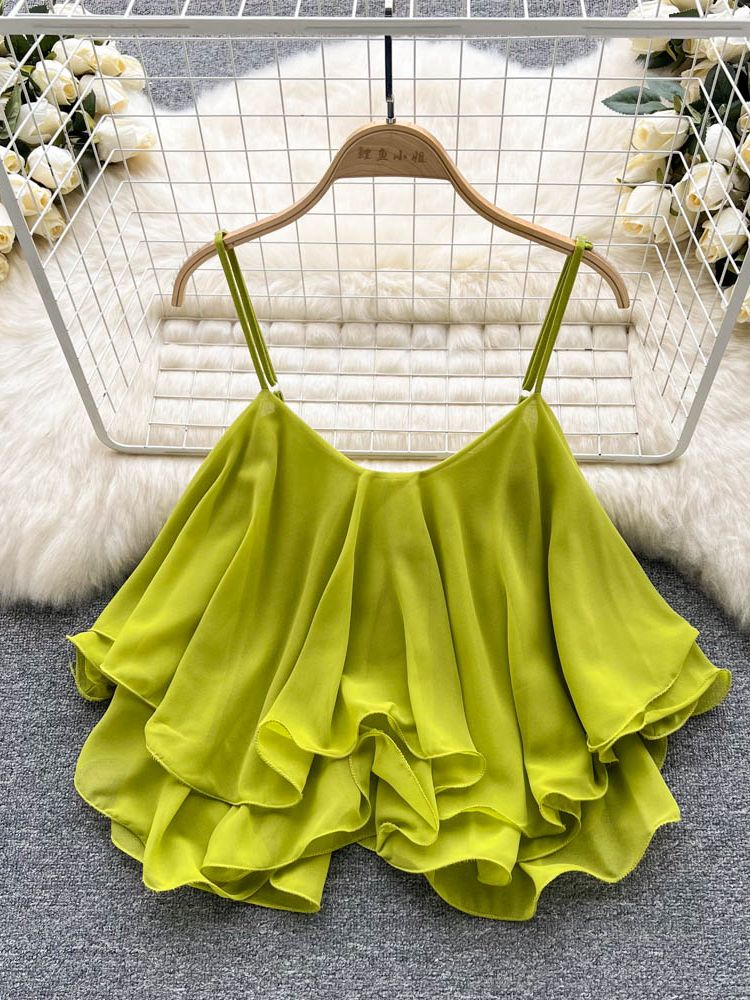 Prodotti YuooMuoo 2022 Summer Casual Loose Chiffon Camicetta Camicie Double Ruffles Spaghetti Strap Women Top