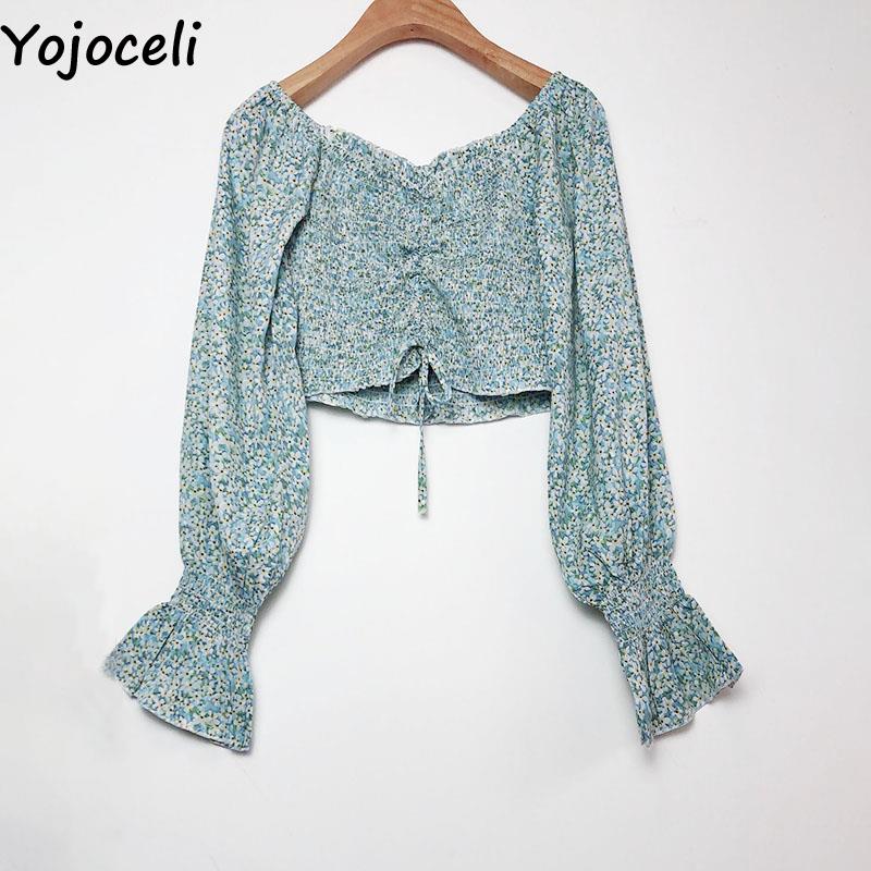 Prodotti Yojoceli Sexy camicetta in chiffon con stampa pieghettata da donna Autunno spiaggia casual short crop top femminile Camicetta elegante con volant