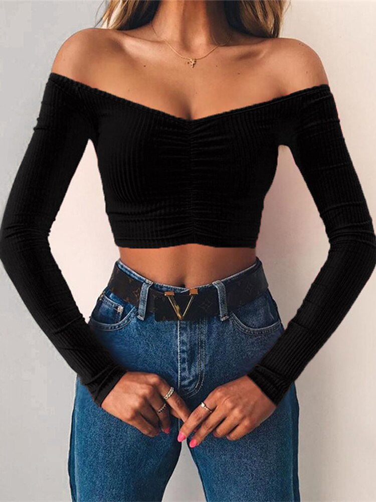 New Stylish Street Abbigliamento Donna Crop Top Increspato Backless Casual Short Tee Basic Manica lunga T-shirt solida con spalle scoperte