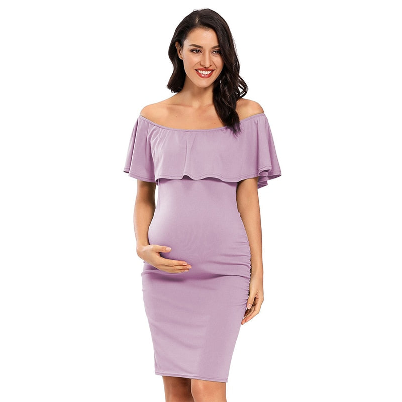 Liu&Qu Abito premaman da donna con spalle scoperte Abito aderente senza maniche con volant Elegante abito aderente con increspature laterali per baby shower