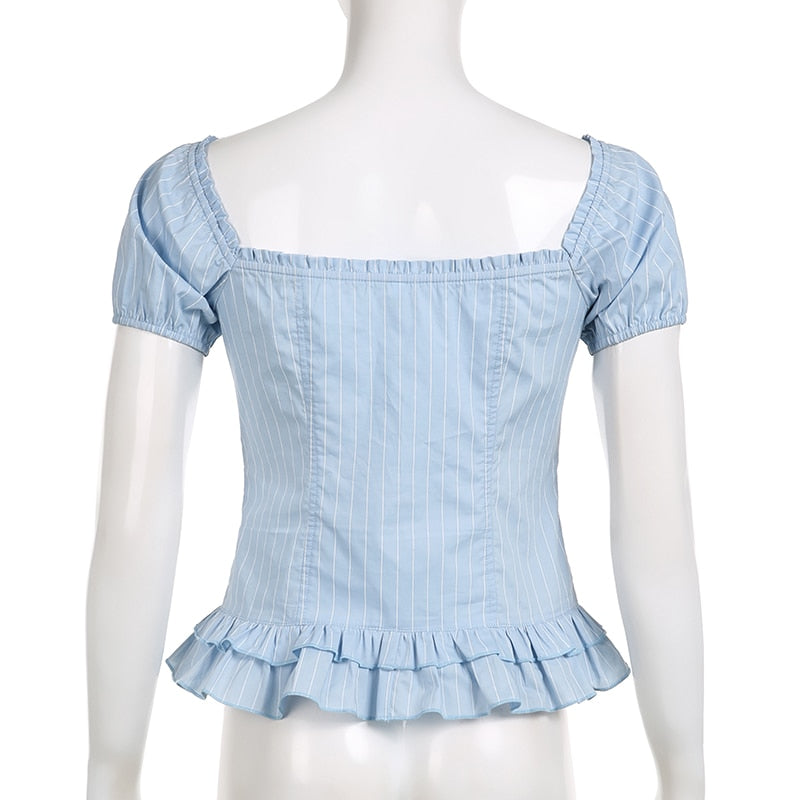 Prodotti IAMHOTTY Kawaii Tiered Ruffle Hem Top corto Blu Lolita Style Colletto quadrato Maniche a sbuffo T-shirt Y2K Coquette Aesthetic Tees