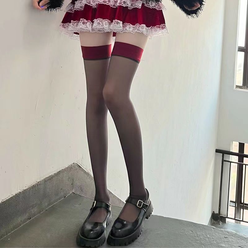 Prodotti Calze a rete alte da festa per ragazze Lolita Punk gotico da donna Sexy trasparenti sopra il ginocchio Calzini alti lunghi con bordo largo nero rosso