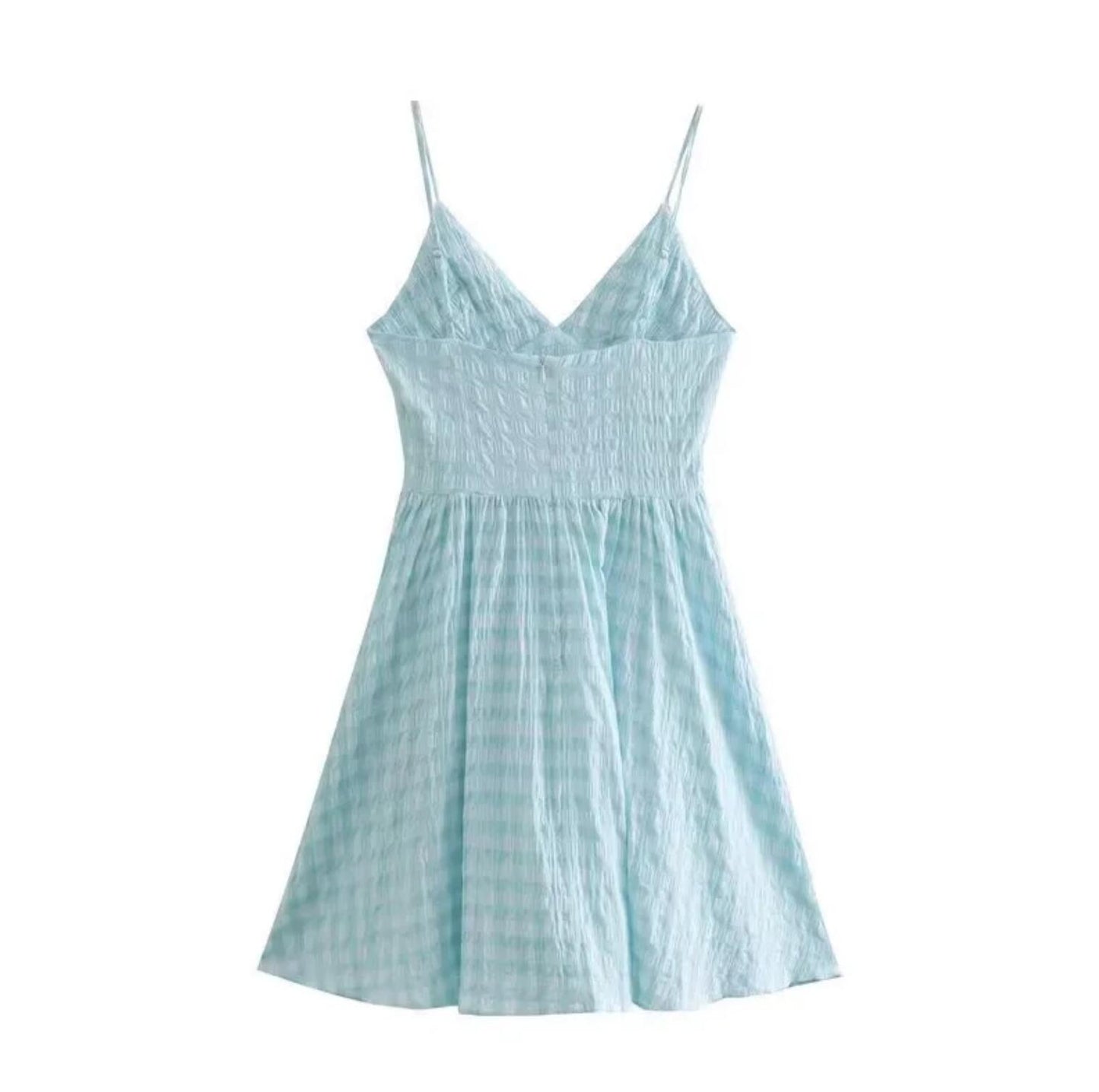 Prodotti 2023 Donne Retro Azzurro Bianco Plaid Sling Dress Ricamo Fiore Con Scollo A V Mini Abito Schiena Bassa Estate Femminile Breve Vestido