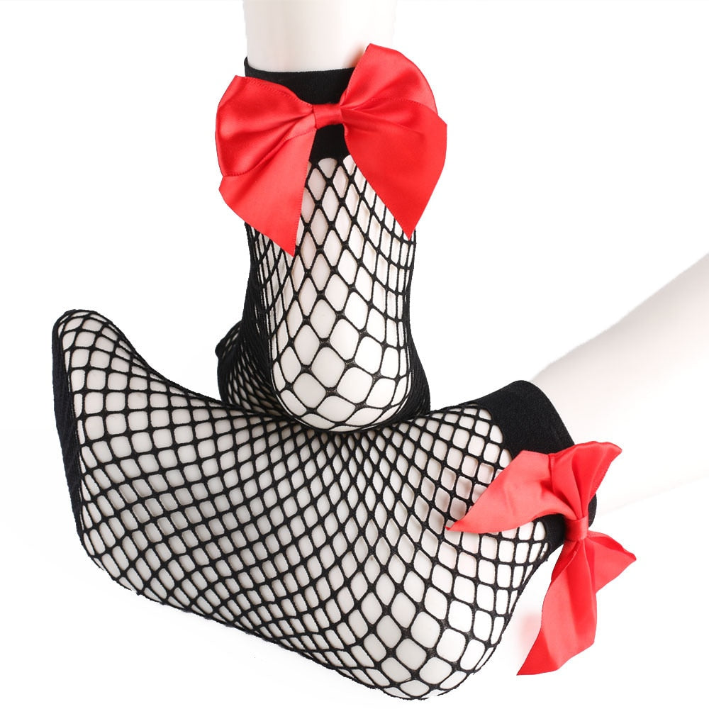 Calzini a rete con nodo a fiocco bianco traspirante Harajuku da donna chic. Calzini a rete a rete scavati sexy Calzini da donna stile Lolita Bow Sox