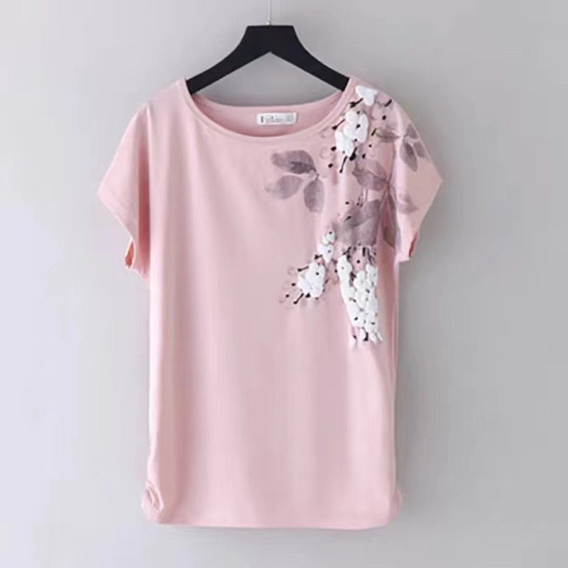 Prodotti T-shirt estiva T-shirt donna 95% cotone T-shirt a maniche corte con fiori sciolti T-shirt stampata bianca verde femminile Basic Large Size 4XL