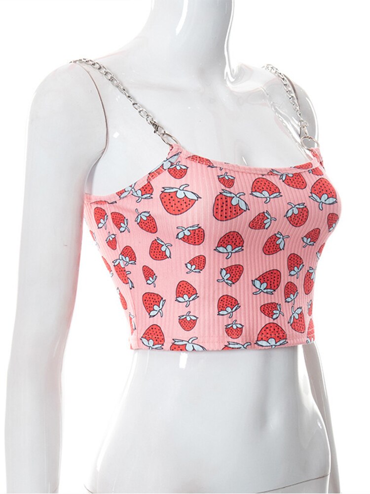 Summer Pink Crop Tops 2022 Casual Short Vest Candy Color Strawberry Print Chain Sling Off Shoulder Sexy Street Crop Top Harajuku