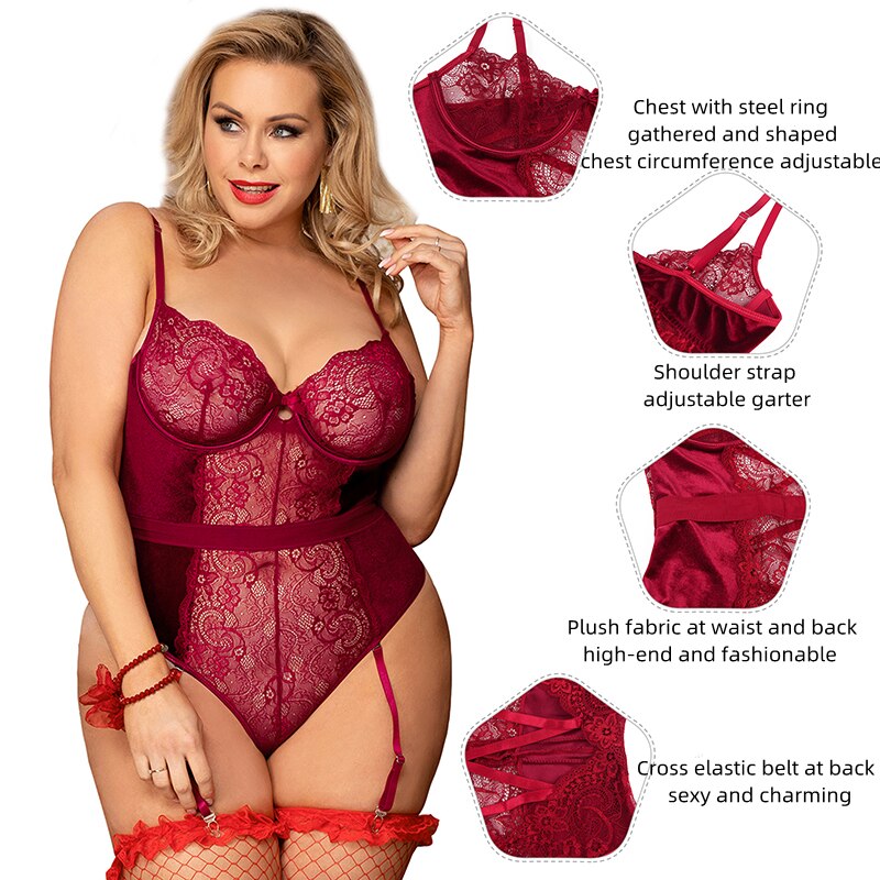 Prodotti Comeonlover Intimo sexy in pizzo Giarrettiera da donna Teddy Body con ferretto Tuta elastica Oversize 5XL Curve Lingerie Backless