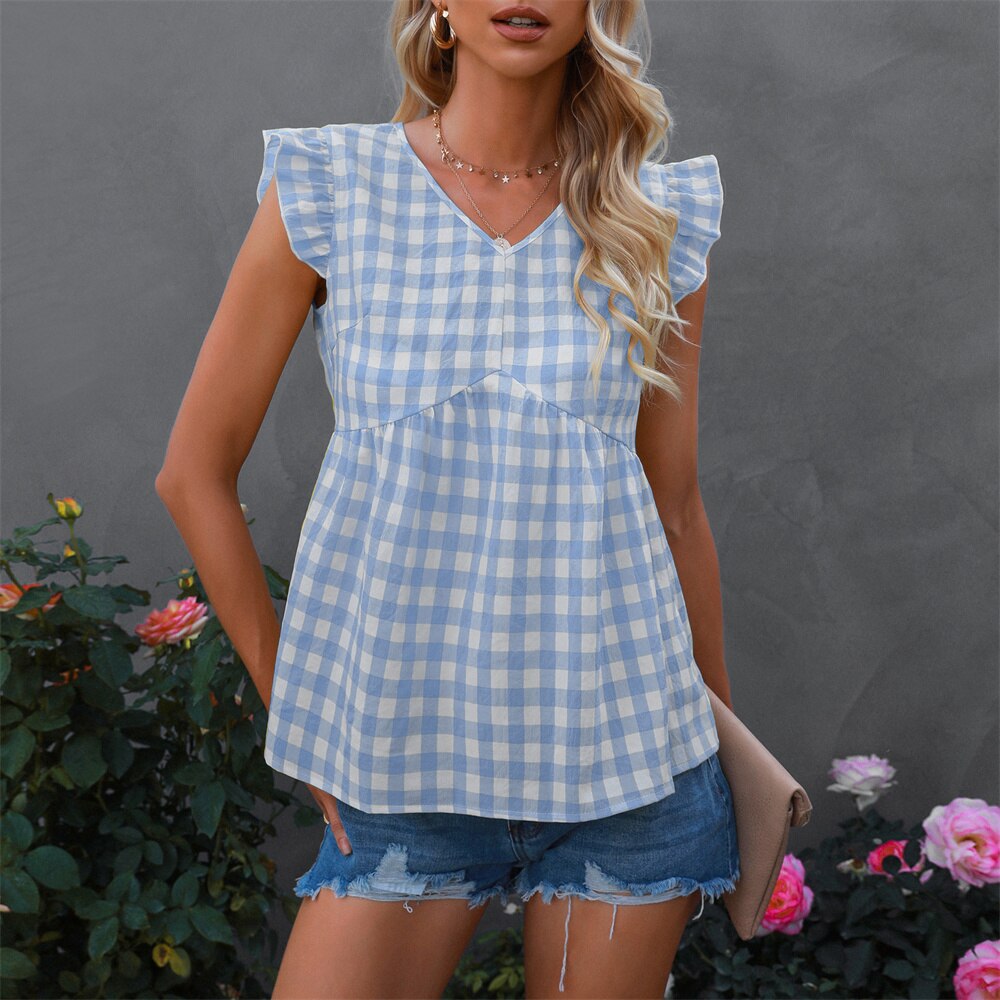 Elegante donna estiva senza maniche con volant camicette moda donna casual top donna 2021 camicia a quadri camicetta chemise femme blusas Informazioni Bozza