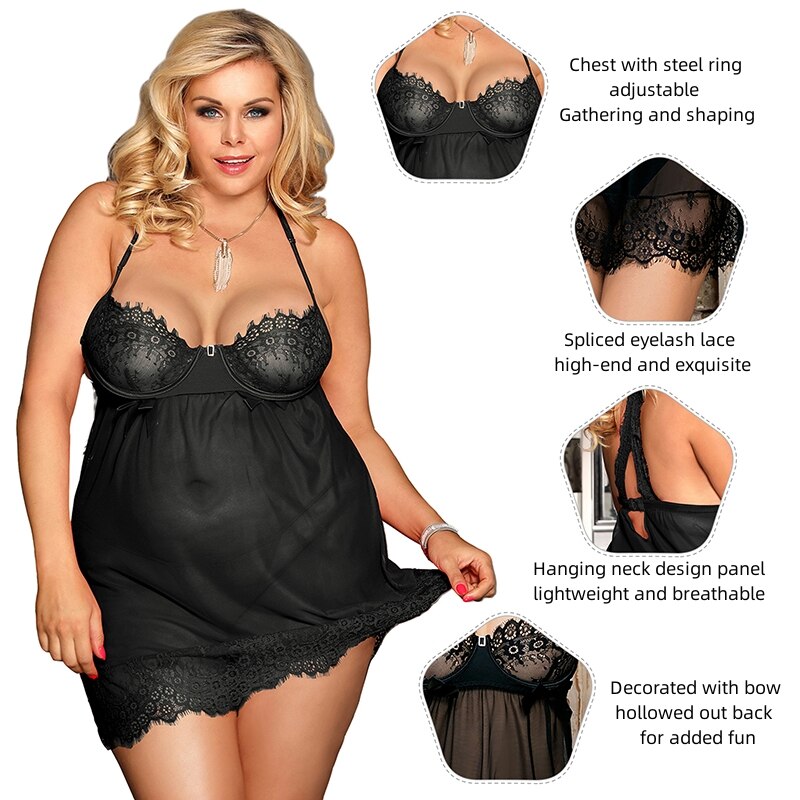 Prodotti Comeonlover Donna Sexy Camicia da notte Chemise Lingerie di pizzo Abbigliamento da notte Minigonna Halter See Through Camicia da notte Plus Size Babydoll Set