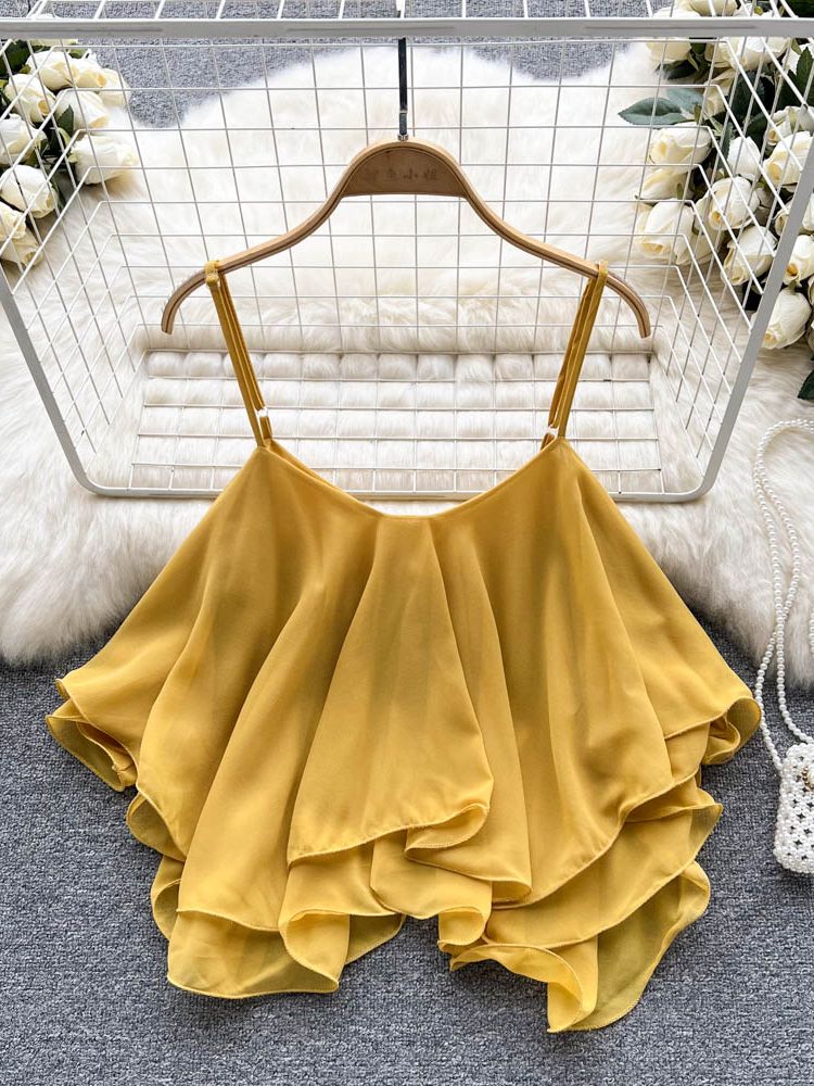 Prodotti YuooMuoo 2022 Summer Casual Loose Chiffon Camicetta Camicie Double Ruffles Spaghetti Strap Women Top