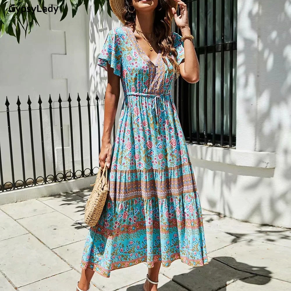 Prodotti GypsyLady Maxi abito stampato floreale Vintage Boho Summer Holiday Women Abiti Casual Chic Tie Lace Up Ladies Beach Abito femminile